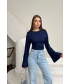 Kadın Lacivert Bisiklet Yaka Uzun İspanyol Kol Yumuşacık Body Bluz