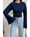 Kadın Lacivert Bisiklet Yaka Uzun İspanyol Kol Yumuşacık Body Bluz