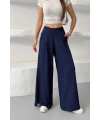 Kadın Lacivert Yüksek Bel Hareket Özgürlüğü Sunan Beli Lastikli Geniş Paça Pantolon