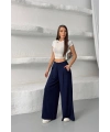 Kadın Lacivert Yüksek Bel Hareket Özgürlüğü Sunan Beli Lastikli Geniş Paça Pantolon