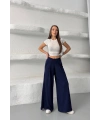 Kadın Lacivert Yüksek Bel Hareket Özgürlüğü Sunan Beli Lastikli Geniş Paça Pantolon