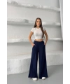 Kadın Lacivert Yüksek Bel Hareket Özgürlüğü Sunan Beli Lastikli Geniş Paça Pantolon
