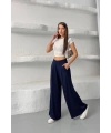 Kadın Lacivert Yüksek Bel Hareket Özgürlüğü Sunan Beli Lastikli Geniş Paça Pantolon