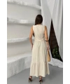 Kadın Bej Keten Bohem Nakışlı Yelekli Askılı Midi Boy Elbise Takım