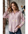 Kadın Pembe Papatya Desenli Müslin Kumaş Uzun Kollu Oversize Gömlek