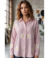Kadın Pembe Papatya Desenli Müslin Kumaş Uzun Kollu Oversize Gömlek