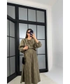 Kadın Haki Çiçek Nakışlı Gömlek Beli Lastikli Astarlı Etek Bluz İkili Takım