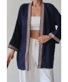 Kadın Lacivert Nakışlı Bohem Stil Premium Kalite Kimono Hırka