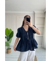 Kadın Lacivert Bağlama Detaylı Oversize Müslin Bluz