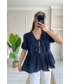 Kadın Lacivert Bağlama Detaylı Oversize Müslin Bluz