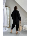 Kdın Siyah Şık Tensel Kumaş Gömlek Şalvar Pantolon Alt Üst İkili Premium Takım