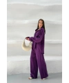 Kadın Lacivert Oversize Şık Tensel Kumaş Gömlek Geniş Paça Pantolon Takım Rahat Kesim İkili Premium Takım