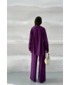 Kadın Lacivert Oversize Şık Tensel Kumaş Gömlek Geniş Paça Pantolon Takım Rahat Kesim İkili Premium Takım