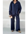 Kadın Lacivert Oversize Şık Tensel Kumaş Gömlek Geniş Paça Pantolon Takım Rahat Kesim İkili Premium Takım