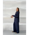 Kadın Lacivert Oversize Şık Tensel Kumaş Gömlek Geniş Paça Pantolon Takım Rahat Kesim İkili Premium Takım