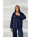 Kadın Lacivert Oversize Şık Tensel Kumaş Gömlek Geniş Paça Pantolon Takım Rahat Kesim İkili Premium Takım