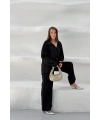 Kadın Siyah Oversize Şık Tensel Kumaş Gömlek Geniş Paça Pantolon Takım Rahat Kesim İkili Premium Takım