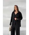 Kadın Siyah Oversize Şık Tensel Kumaş Gömlek Geniş Paça Pantolon Takım Rahat Kesim İkili Premium Takım