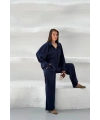 Kadın Siyah Oversize Şık Tensel Kumaş Gömlek Geniş Paça Pantolon Takım Rahat Kesim İkili Premium Takım