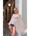 Kadın Bej Taş Detaylı Transparan Madonna Yaka Asimetrik Panço Bluz