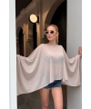 Kadın Bej Taş Detaylı Transparan Madonna Yaka Asimetrik Panço Bluz