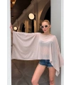 Kadın Bej Taş Detaylı Transparan Madonna Yaka Asimetrik Panço Bluz