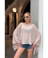 Kadın Bej Taş Detaylı Transparan Madonna Yaka Asimetrik Panço Bluz