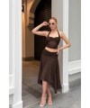 Kadın Kahverengi Halter Yaka Crop Bluz Astarlı Etek İkili Takım
