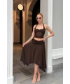 Kadın Kahverengi Halter Yaka Crop Bluz Astarlı Etek İkili Takım