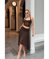 Kadın Kahverengi Halter Yaka Crop Bluz Astarlı Etek İkili Takım
