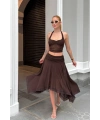 Kadın Kahverengi Halter Yaka Crop Bluz Astarlı Etek İkili Takım