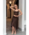 Kadın Kahverengi Halter Yaka Crop Bluz Astarlı Etek İkili Takım