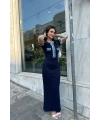 Kadın Lacivert Jean Detaylı Düğmeli Uzun Zarif Elbise (S/M)