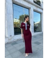 Kadın Bordo Şık Jean Detaylı Düğmeli Uzun Zarif Elbise (S/M)