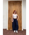 Kadın Lacivert Beli Lastikli Rahat Kesim Geniş Paça Tiril Şalvar Pantolon