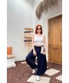 Kadın Lacivert Beli Lastikli Rahat Kesim Geniş Paça Tiril Şalvar Pantolon