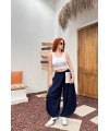 Kadın Lacivert Beli Lastikli Rahat Kesim Geniş Paça Tiril Şalvar Pantolon