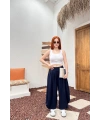 Kadın Lacivert Beli Lastikli Rahat Kesim Geniş Paça Tiril Şalvar Pantolon
