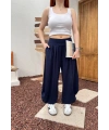 Kadın Lacivert Beli Lastikli Rahat Kesim Geniş Paça Tiril Şalvar Pantolon