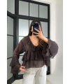 Kadın Kahverengi Fırfır Detaylı Transparan Bluz