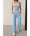 Kadın Açık Mavi Crop Atletli Yüksek Bel Beli Lastikli Geniş Paça Pantolon Alt Üst Yazlık Eşofman Takım