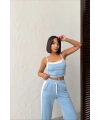 Kadın Açık Mavi Crop Atletli Yüksek Bel Beli Lastikli Geniş Paça Pantolon Alt Üst Yazlık Eşofman Takım
