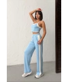 Kadın Açık Mavi Crop Atletli Yüksek Bel Beli Lastikli Geniş Paça Pantolon Alt Üst Yazlık Eşofman Takım