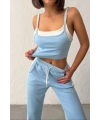 Kadın Açık Mavi Crop Atletli Yüksek Bel Beli Lastikli Geniş Paça Pantolon Alt Üst Yazlık Eşofman Takım