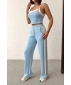 Kadın Açık Mavi Crop Atletli Yüksek Bel Beli Lastikli Geniş Paça Pantolon Alt Üst Yazlık Eşofman Takım