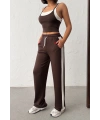 Kadın Kahverengi Crop Atletli Yüksek Bel Beli Lastikli Geniş Paça Pantolon Alt Üst Yazlık Eşofman Takım