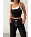 Kadın Siyah Crop Atletli Yüksek Bel Beli Lastikli Geniş Paça Pantolon Alt Üst Yazlık Eşofman Takım