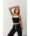 Kadın Siyah Crop Atletli Yüksek Bel Beli Lastikli Geniş Paça Pantolon Alt Üst Yazlık Eşofman Takım