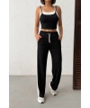 Kadın Siyah Crop Atletli Yüksek Bel Beli Lastikli Geniş Paça Pantolon Alt Üst Yazlık Eşofman Takım