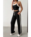 Kadın Siyah Crop Atletli Yüksek Bel Beli Lastikli Geniş Paça Pantolon Alt Üst Yazlık Eşofman Takım